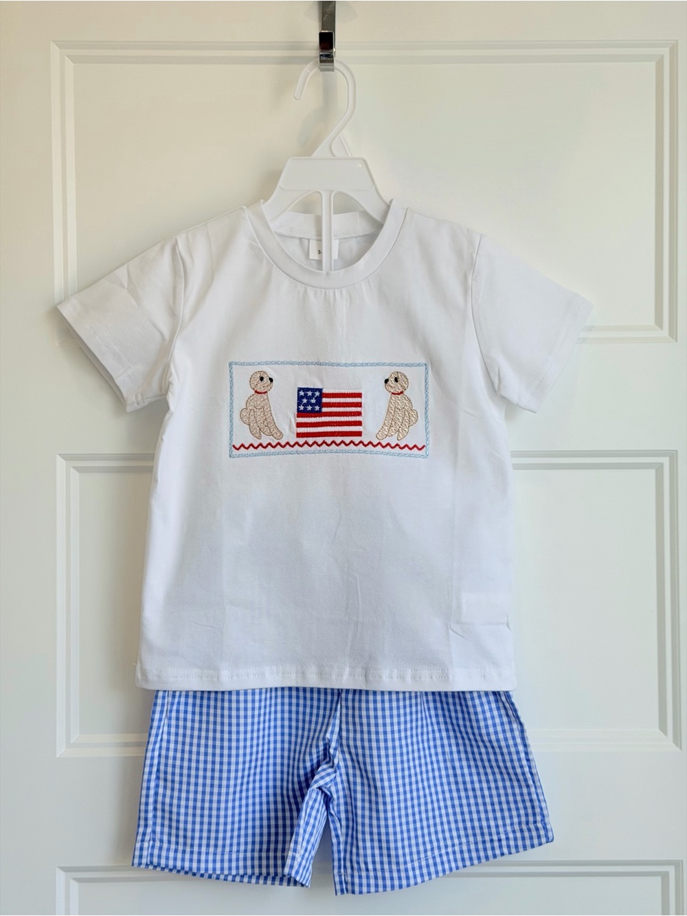 White Smocked Seal Tee & Blue Gingham Shorts Kids Matching Set